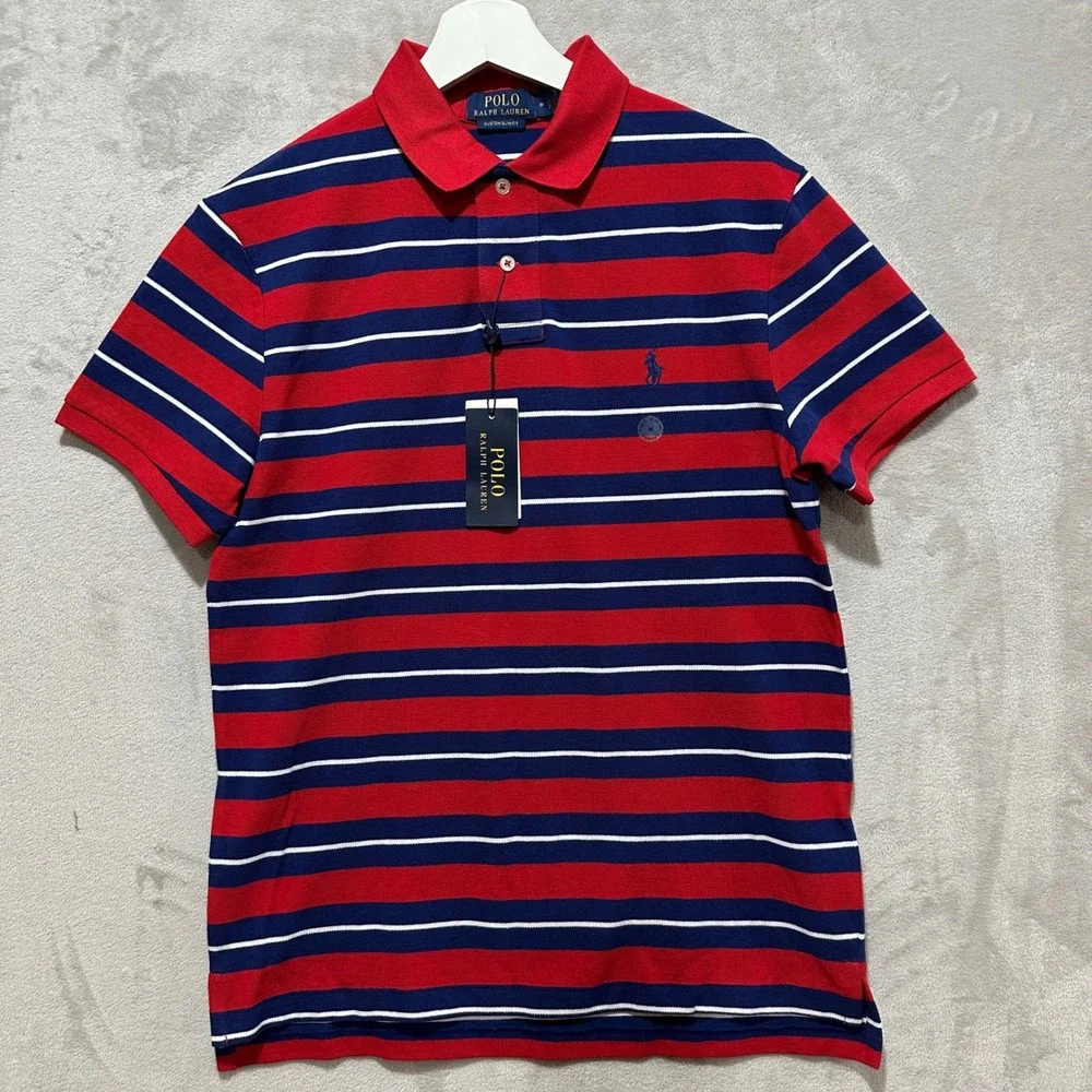 Polo Ralph Lauren Mens Custom Slim Fit Striped Polo Shirt Red Blue White Medium